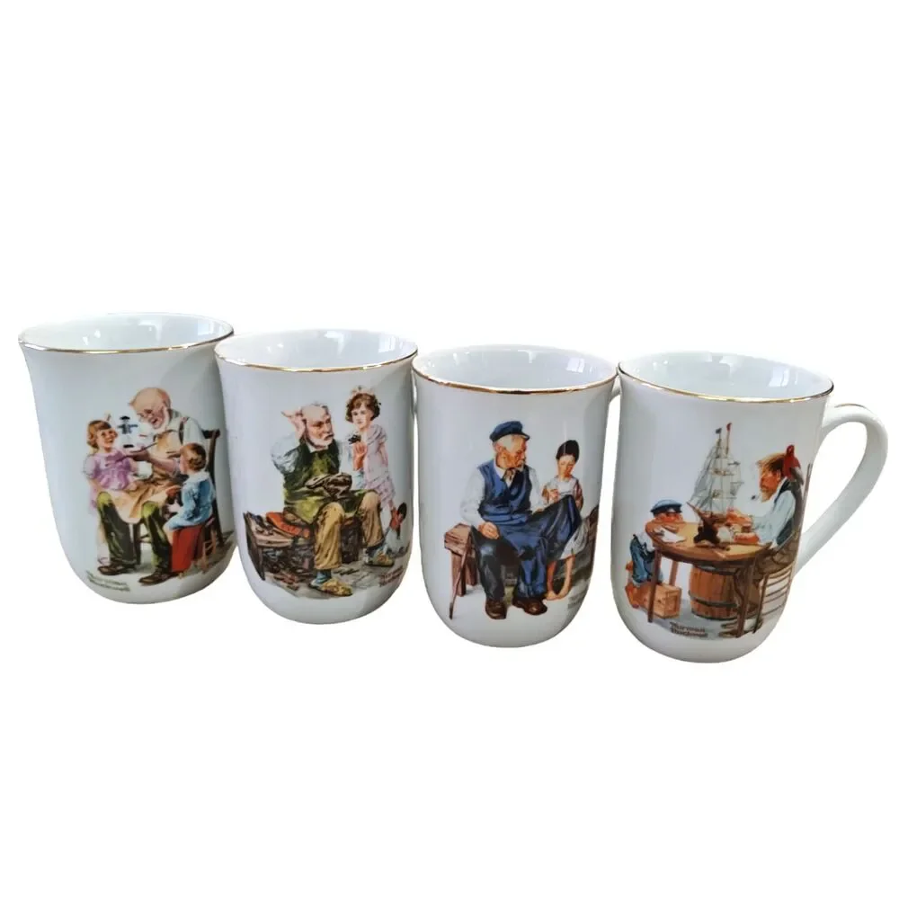 Vintage Norman Rockwell 1986 Collection Cups Mugs 4 Gold Trim + Glass Coasters